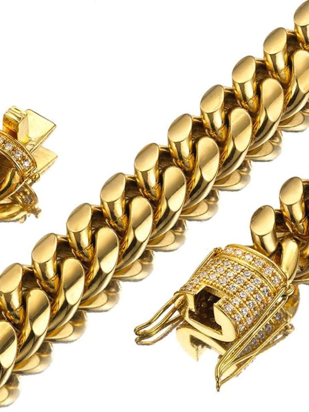 Mens Miami Cuban Link Chain 18K Gold 15mm Stainless Steel Curb Necklace with cz